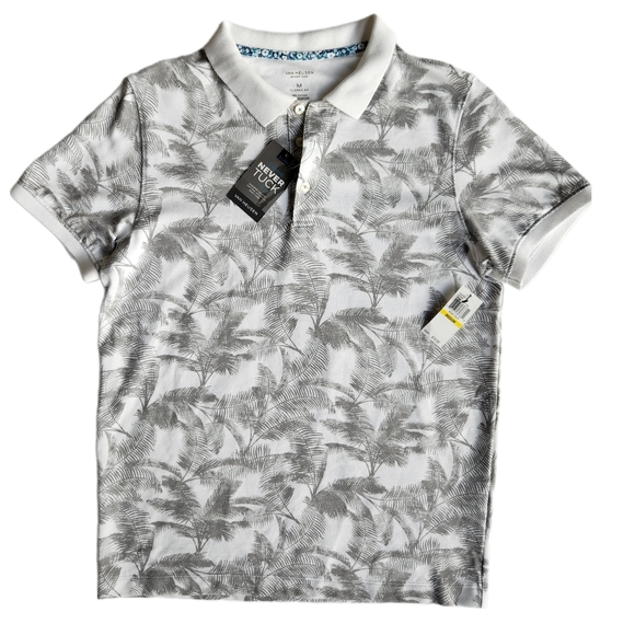 Van Heusen Mens Never Tuck Palm Tree Polo Shirt | White + Gray Size M 5027131131 - Picture 1 of 9